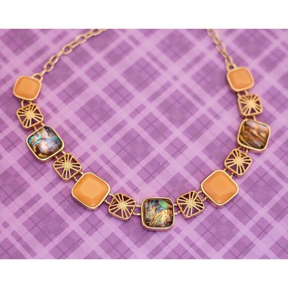 Vintage Iridescent Squares Gold Tone Elegant Bib Necklace 18 inch - V7 - Picture 1 of 3